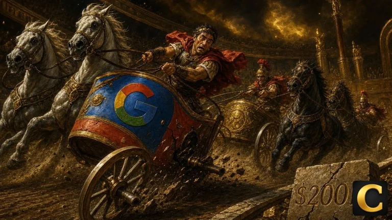 Alphabet stock drop shown as a Roman charioteer with a Google-logo chariot losing a wheel