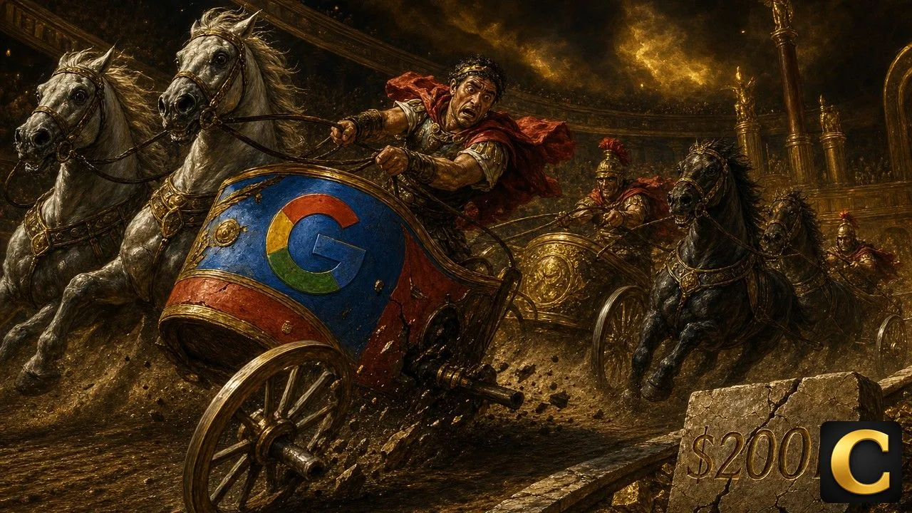 Alphabet stock drop shown as a Roman charioteer with a Google-logo chariot losing a wheel