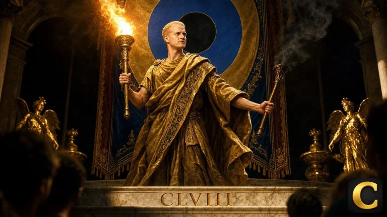 Coinbase Stock scene, Brian Armstrong in Renaissance toga holding two flambeaux on marble palace steps
