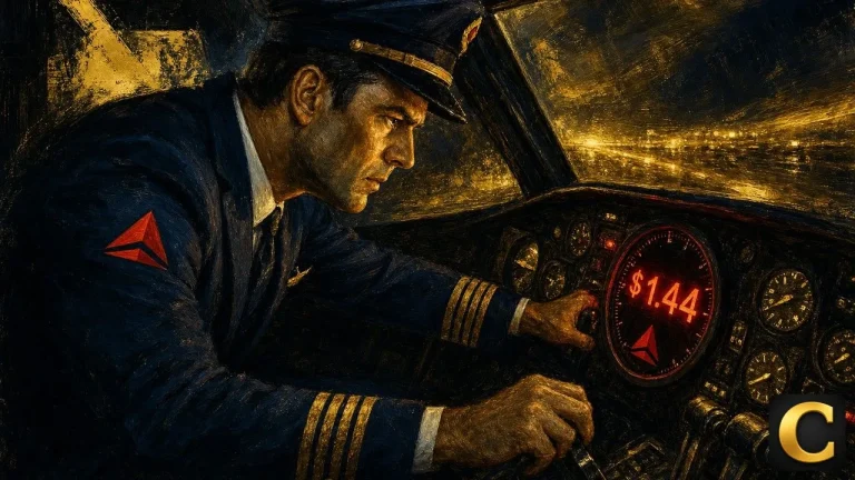 Delta Air Lines pilot leaning on cockpit dashboard with red-lit gauge showing Q2 EPS estimate