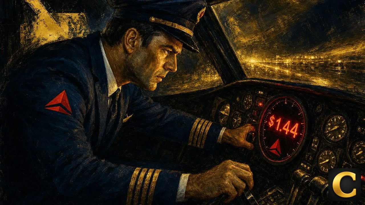 Delta Air Lines pilot leaning on cockpit dashboard with red-lit gauge showing Q2 EPS estimate