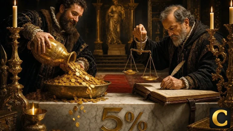 Payout Ratio scene, Renaissance banker pouring gold coins while scribe weighs each on scale