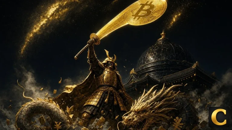 Japan Bitcoin treasury scene shows a golden samurai raising a Bitcoin katana over a shattering yen dragon
