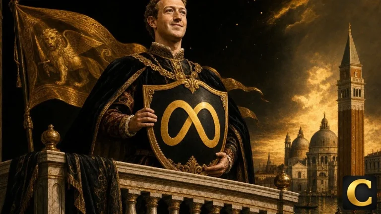 Meta Stock rally scene styled as a Venetian doge holding the Meta emblem with a golden +15% banner