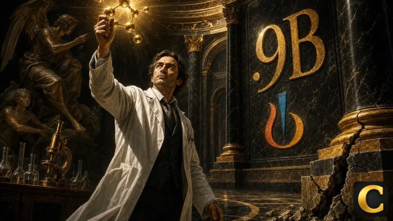 Novartis scientist holding a golden molecule beside a $5.9B core profit figure