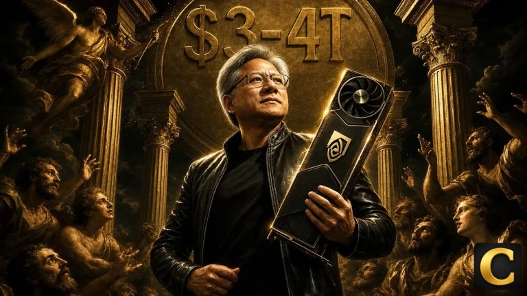 Nvidia AI Spending renaissance scene with Jensen Huang holding a Nvidia GPU and a $3-4T plaque