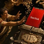 SanDisk stock as a cracking red memory card statue tilting on a marble pedestal