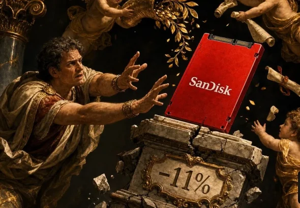 SanDisk stock as a cracking red memory card statue tilting on a marble pedestal