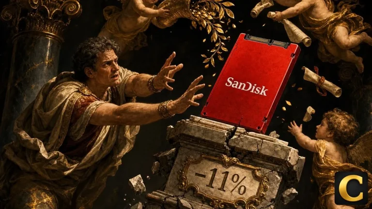 SanDisk stock as a cracking red memory card statue tilting on a marble pedestal