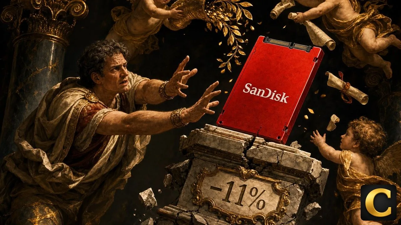 SanDisk stock as a cracking red memory card statue tilting on a marble pedestal