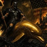 Iran oil strikes scene shows a Roman gladiator on a golden dolphin riding through a viscous crude sea