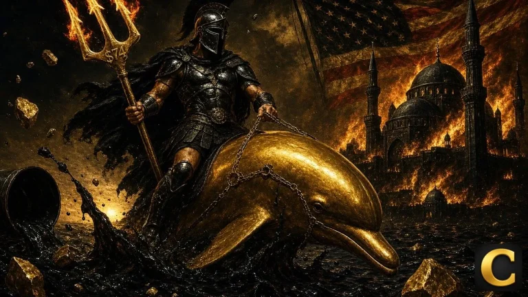 Iran oil strikes scene shows a Roman gladiator on a golden dolphin riding through a viscous crude sea