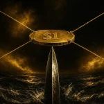 Stablecoin peg concept: a golden $1 coin balancing on a blade over dark water