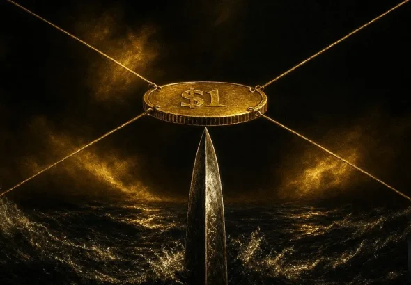 Stablecoin peg concept: a golden $1 coin balancing on a blade over dark water