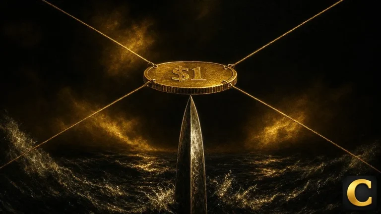 Stablecoin peg concept: a golden $1 coin balancing on a blade over dark water