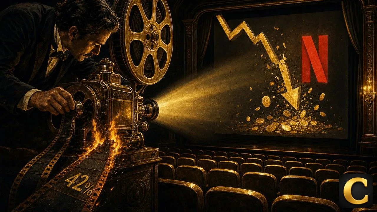 Netflix earnings preview scene shows a vintage projectionist by a burning film reel with a red Netflix logo
