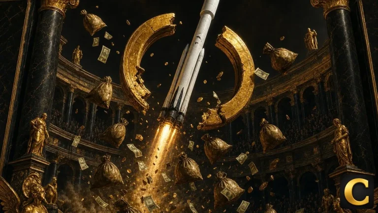 SpaceX below IPO scene shows a Falcon 9 descending through a broken golden ring in a black marble Colosseum