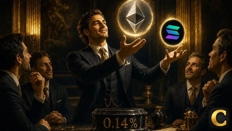 Morgan Stanley banker unveiling glowing Ethereum and Solana tokens above a marble pedestal