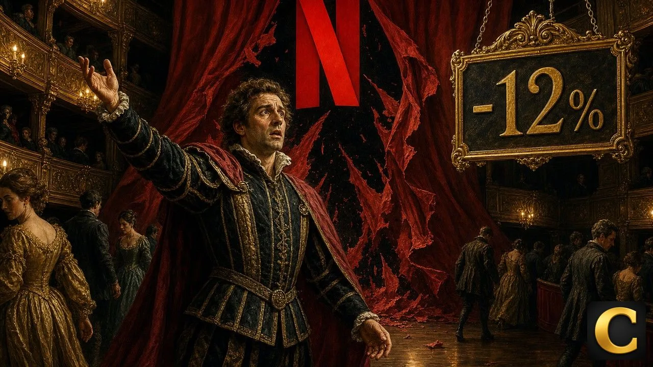Netflix stock drop staged as a Renaissance actor bowing before a tearing red curtain