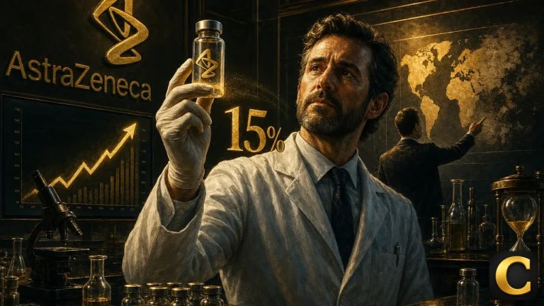 AstraZeneca scientist holding a cancer drug vial beside a rising earnings chart