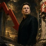 Tesla stock crash scene with Elon Musk beside a plunging red market arrow