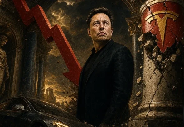 Tesla stock crash scene with Elon Musk beside a plunging red market arrow