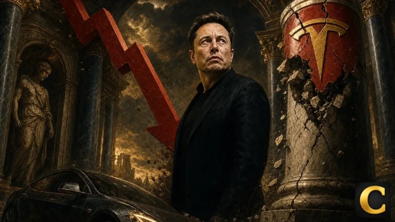 Tesla stock crash scene with Elon Musk beside a plunging red market arrow