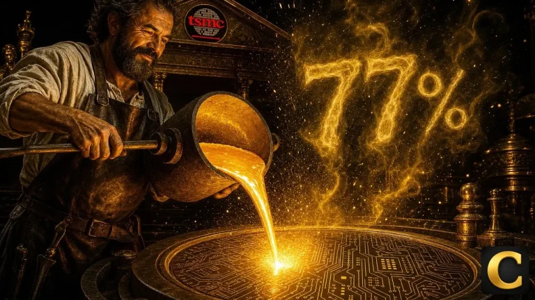 TSMC foundry master pours molten gold into a giant silicon wafer mold
