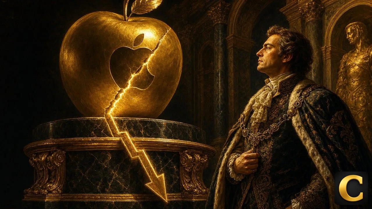 Apple Q3 golden apple on a marble pedestal with a downward stock arrow