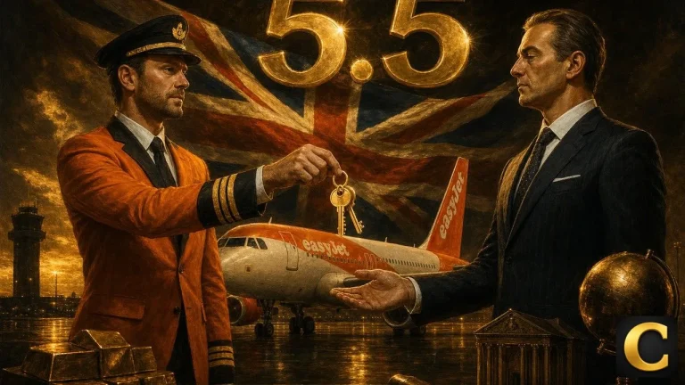 easyJet pilot handing golden cockpit keys to a Castlelake banker as the £5.5B takeover deal completes
