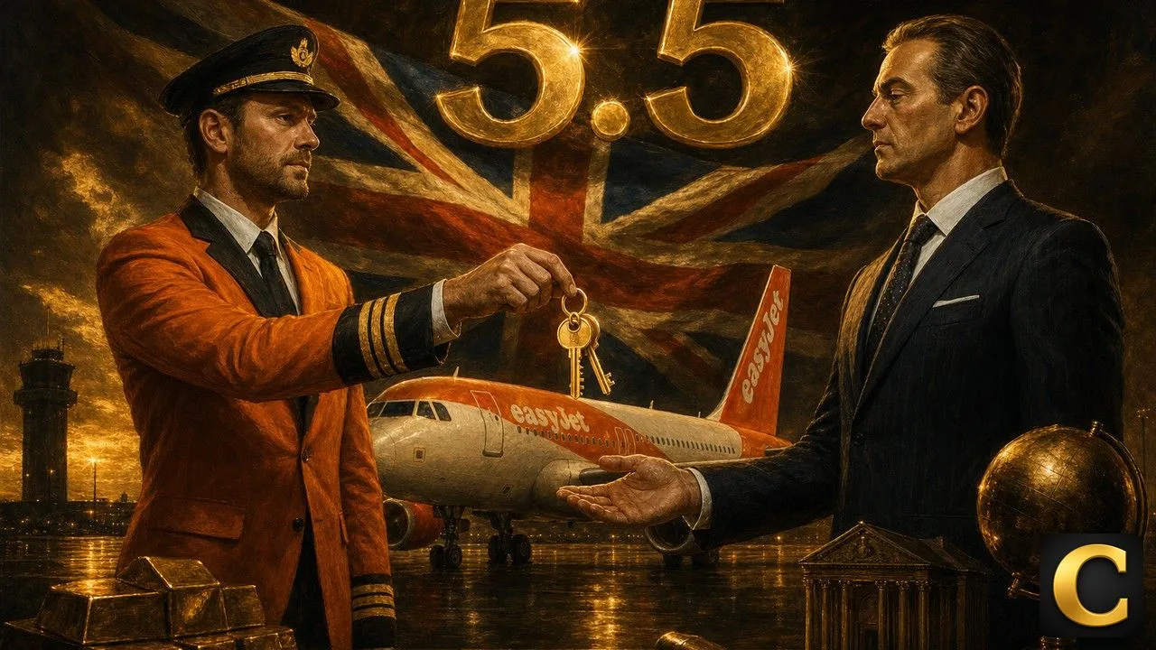 easyJet pilot handing golden cockpit keys to a Castlelake banker as the £5.5B takeover deal completes