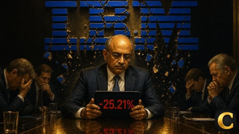 IBM Q2 warning scene: CEO Arvind Krishna holds a tablet showing -25.21% before crumbling IBM logo