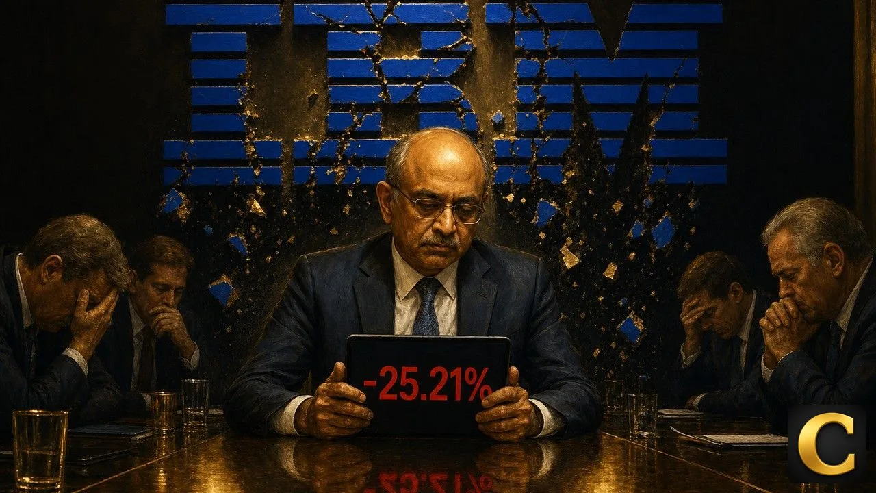 IBM Q2 warning scene: CEO Arvind Krishna holds a tablet showing -25.21% before crumbling IBM logo