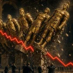 Magnificent Seven selloff scene with seven golden titans cracking as a red market line plunges