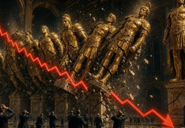 Magnificent Seven selloff scene with seven golden titans cracking as a red market line plunges