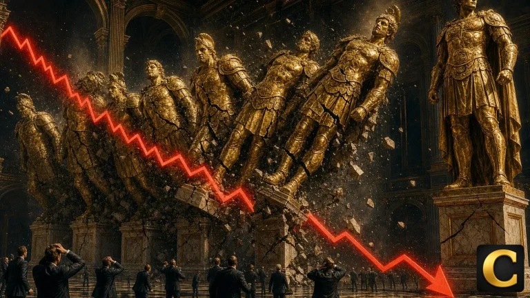 Magnificent Seven selloff scene with seven golden titans cracking as a red market line plunges