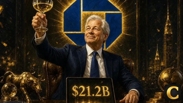 JPMorgan Q2 profit scene: Jamie Dimon raising a champagne glass beside a tablet showing $21.2B