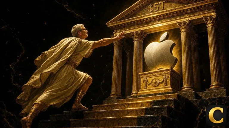 Apple stock milestone as Tim Cook reaches a giant silver apple in a golden temple