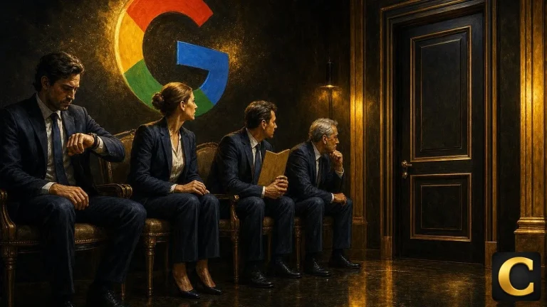 Big Tech earnings wait, four executives seated before a closed boardroom door