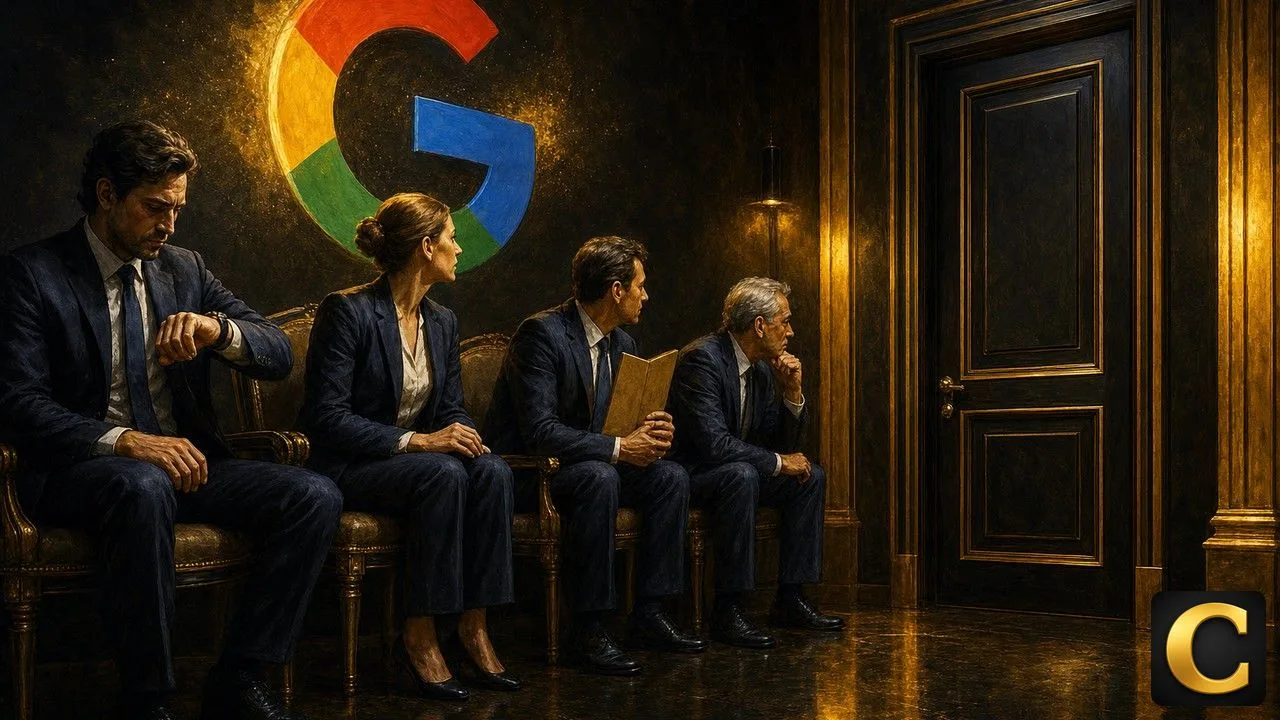 Big Tech earnings wait, four executives seated before a closed boardroom door