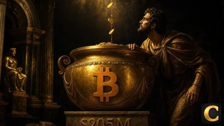 Bitcoin ETF inflows drying to a trickle into a giant golden urn marked $205M