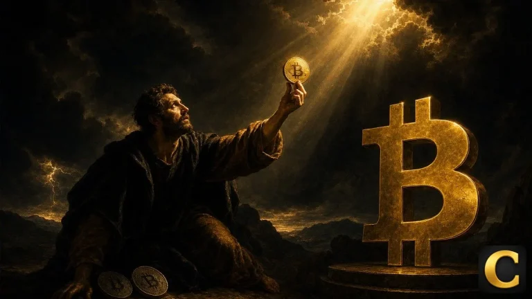 Cautious investor holding a Bitcoin coin toward stormy light after a cool CPI print