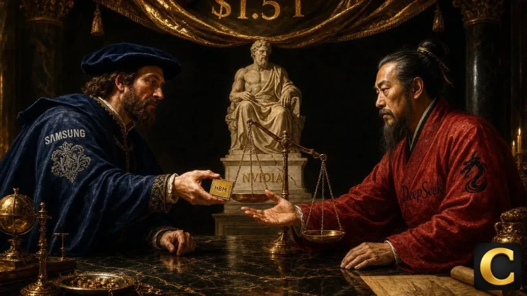 Samsung DeepSeek chip meeting as a Renaissance scene with a fractured Nvidia statue nearby