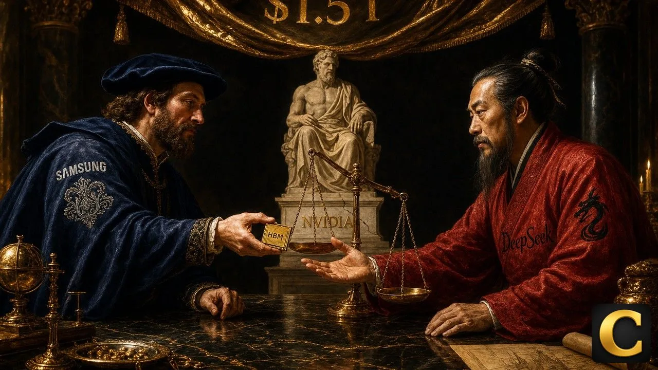 Samsung DeepSeek chip meeting as a Renaissance scene with a fractured Nvidia statue nearby