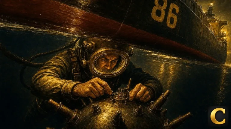 Energy stocks under pressure, navy diver defusing a sea mine beneath a supertanker hull