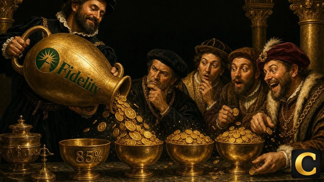 Fidelity Ethereum ETF staking illustrated by a vault channelling ether into quarterly payouts