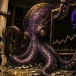 Kraken pictured as a giant octopus gripping the columns of a European exchange trading hall