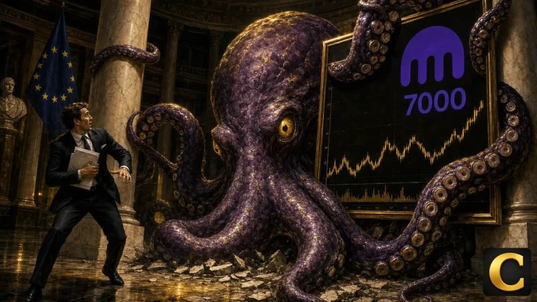 Kraken pictured as a giant octopus gripping the columns of a European exchange trading hall