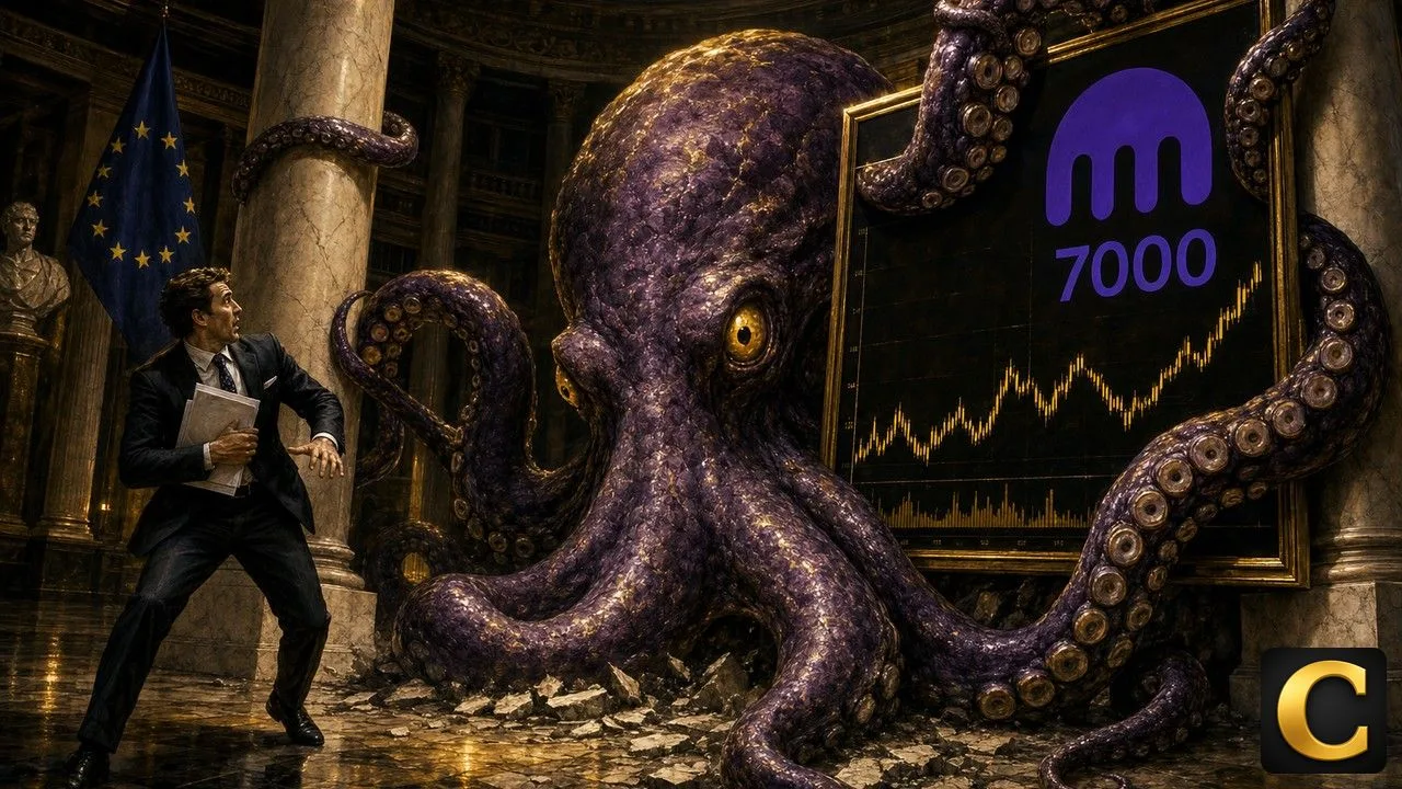 Kraken pictured as a giant octopus gripping the columns of a European exchange trading hall