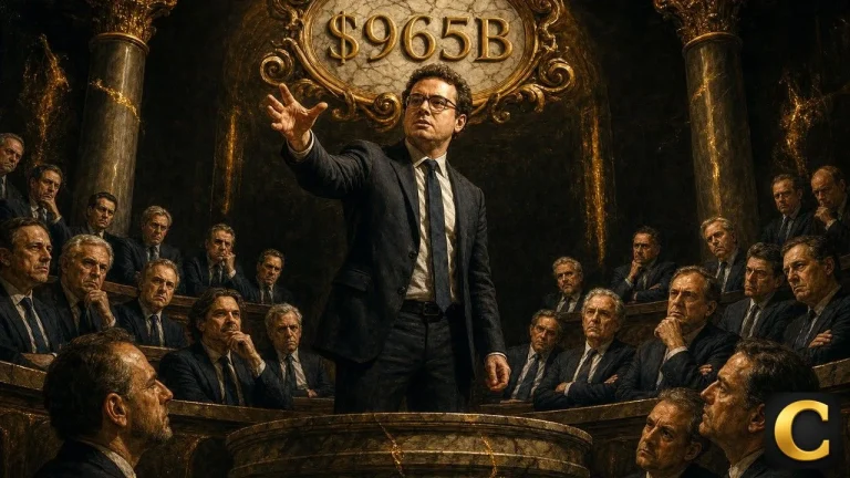 Anthropic IPO scene with an executive pleading before a skeptical investor assembly